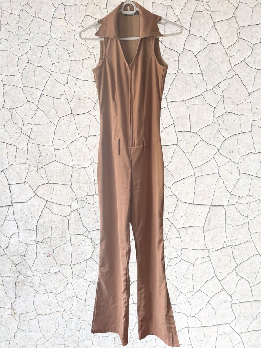 Vintage Garage Sleeveless Zip-Front Jumpsuit in Warm Brown